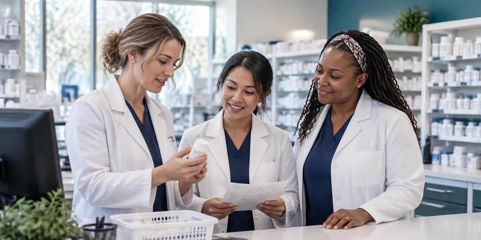 Pharmacy team collaborating behind the prescription counter